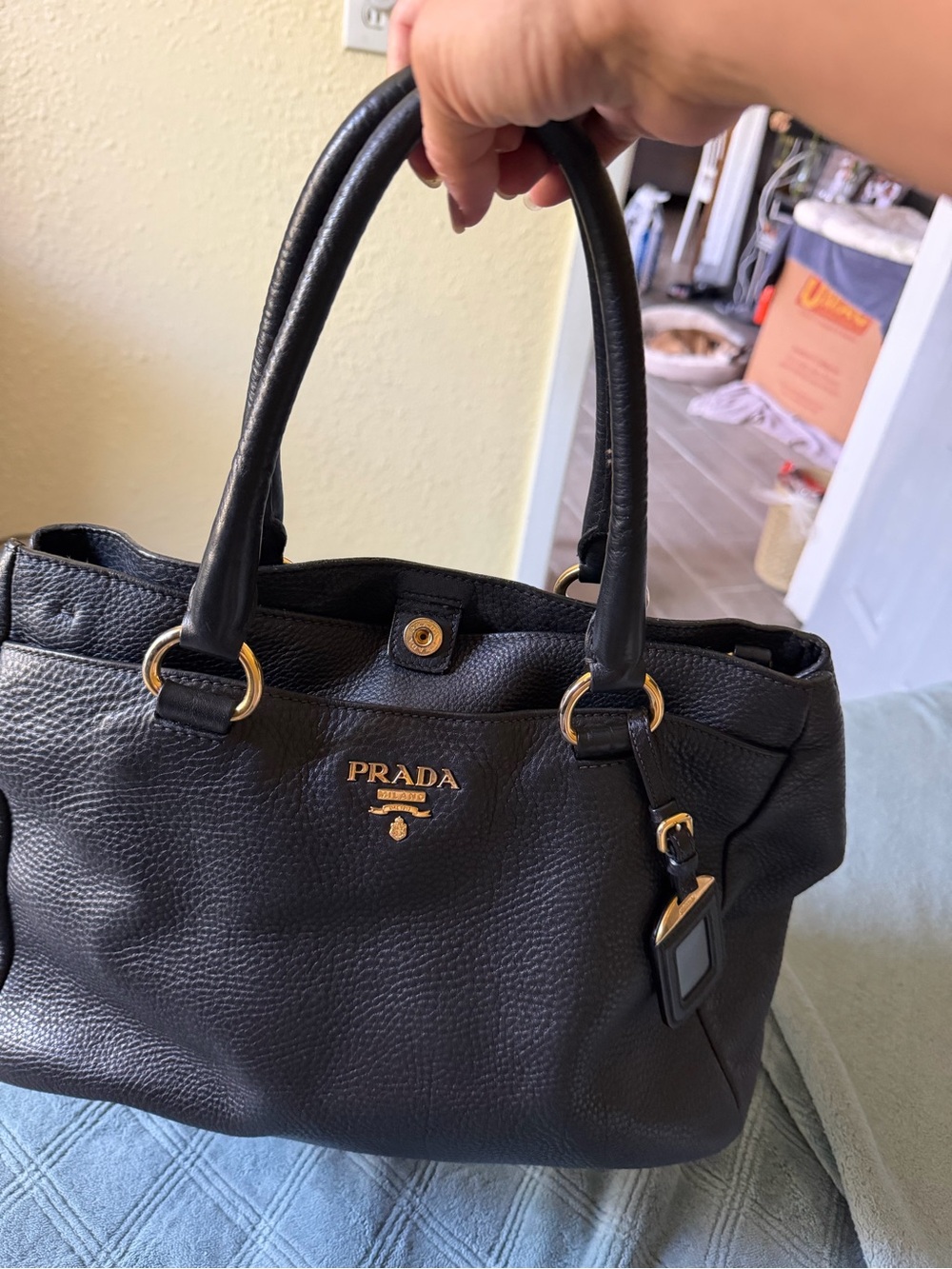 Prada Black Pebbled Leather Top-Handle Tote with Gold Hardware - Picture 5 of 11